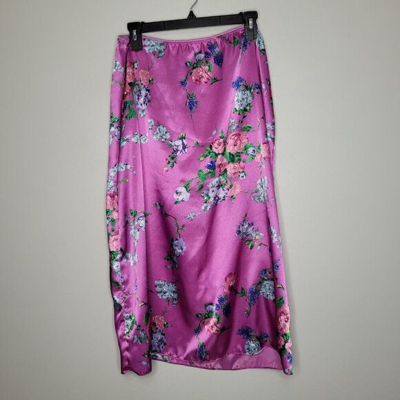 Vintage y2k Xhiliration pink floral girlie satin feel midi skirt size large - Picture 1 of 7